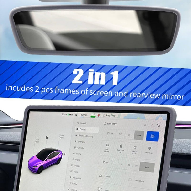 Yeapop 2Pcs Silicone Protector Frames of Screen and Rear View Mirror for Tesla Model 3 2024 Highland and Model Y 2025 Juniper. (Gray) - Image 3